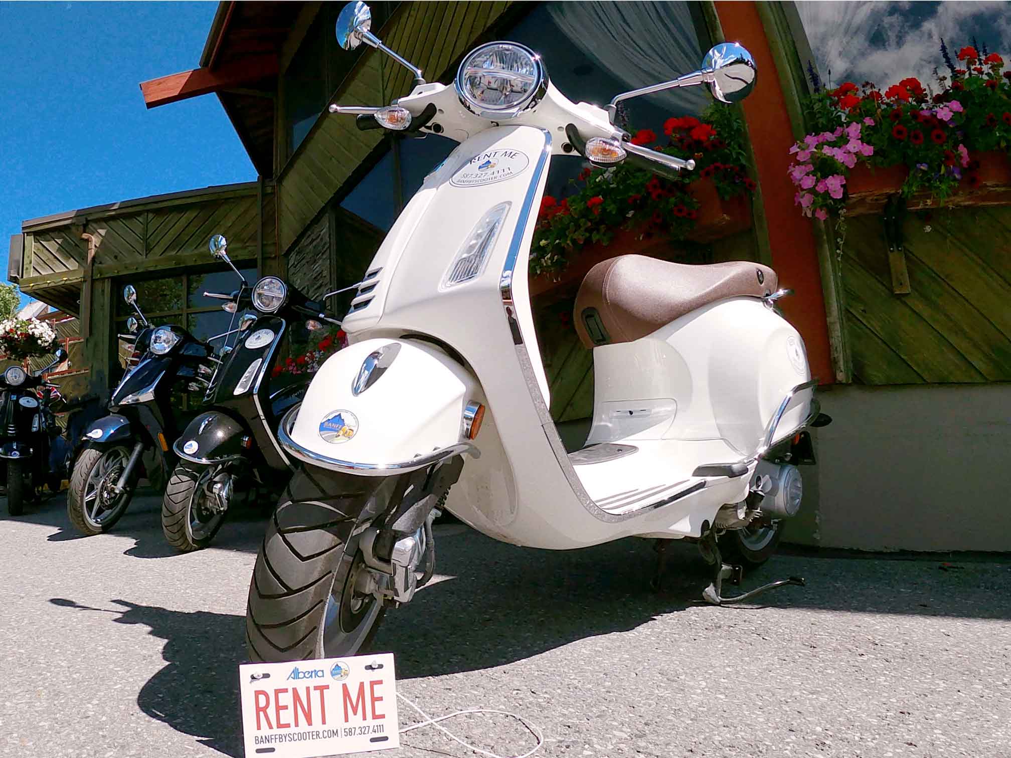 Scooters lined off with rent me sign at Banff By Scooter