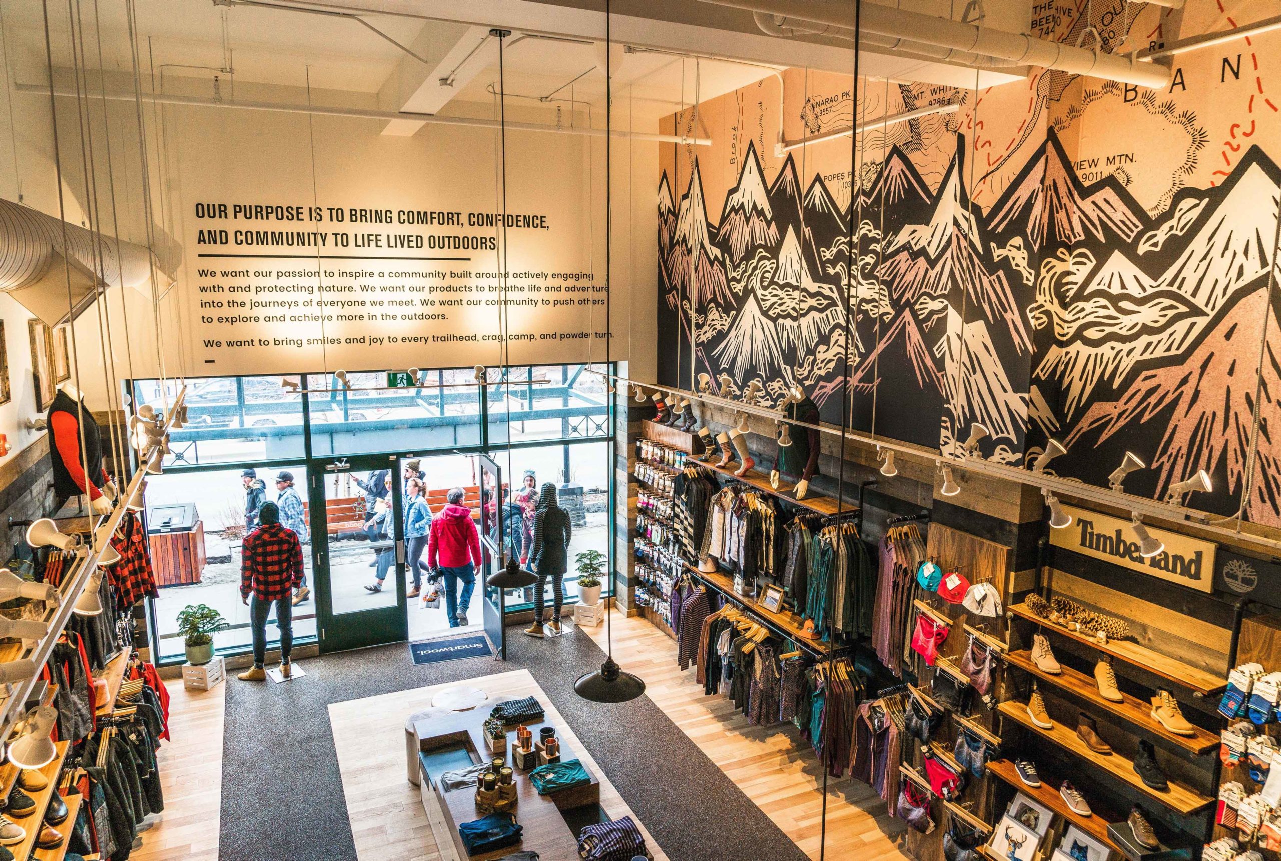 The interior of the Smartwool Banff store was designed to reflect the outdoors. It also meets Covid social distancing requirements.