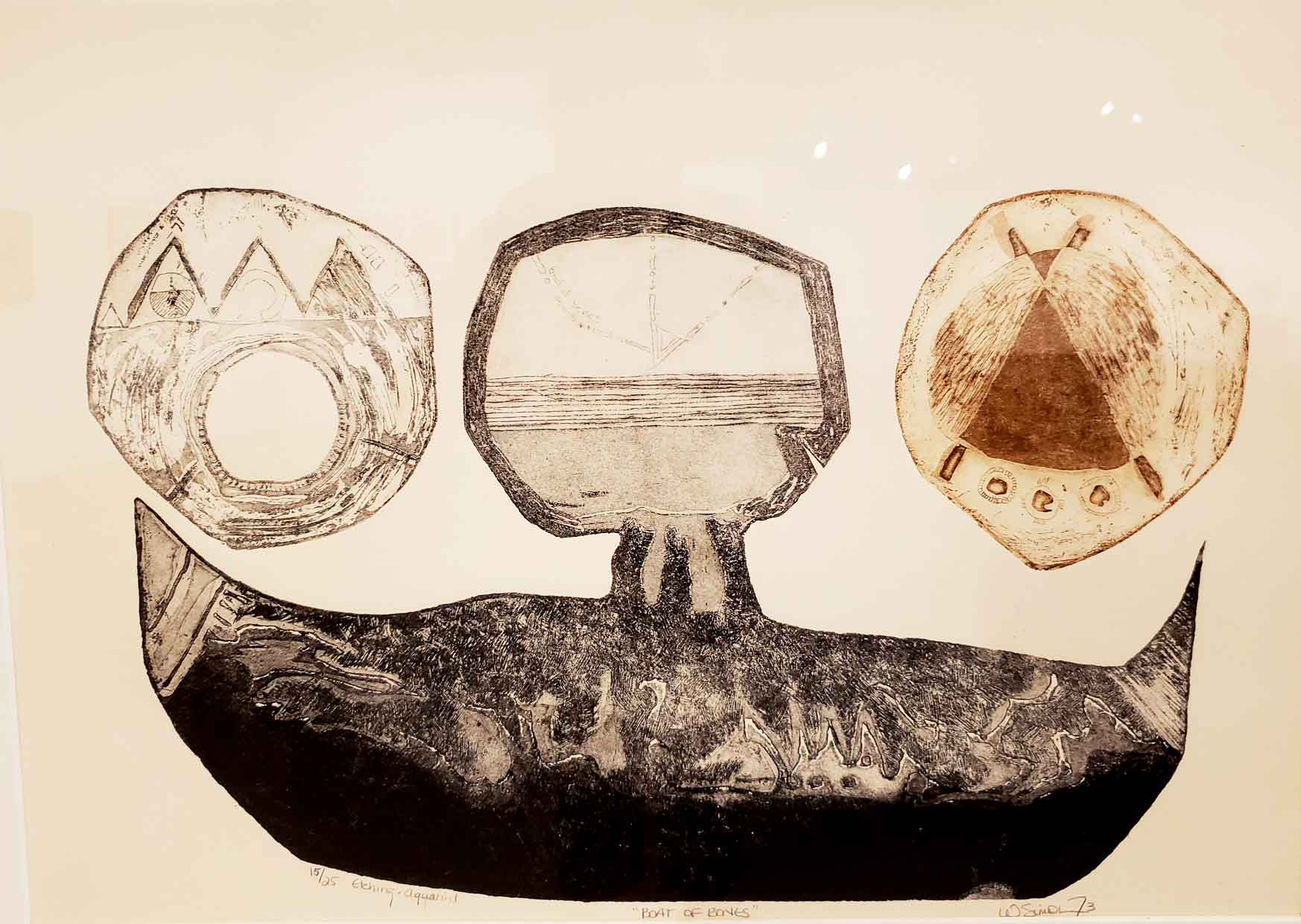 Boat of Bones, etching by Wilma Simon shown at Drawn to the West