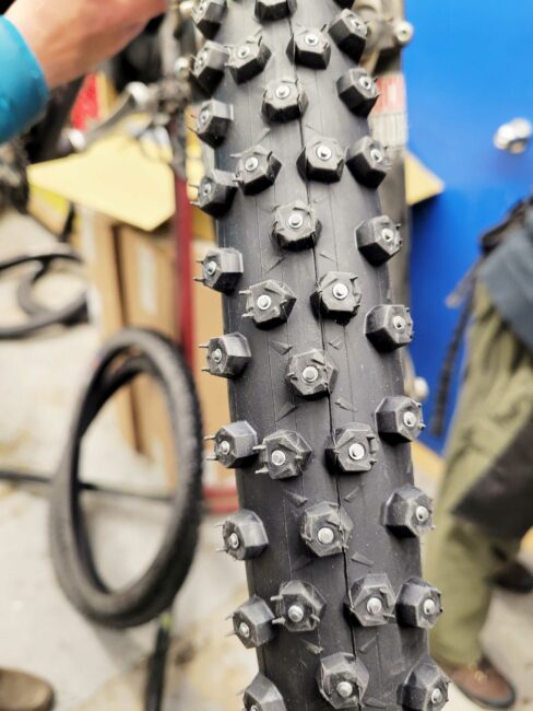 Studded tires installed during the Bike All Winter Program