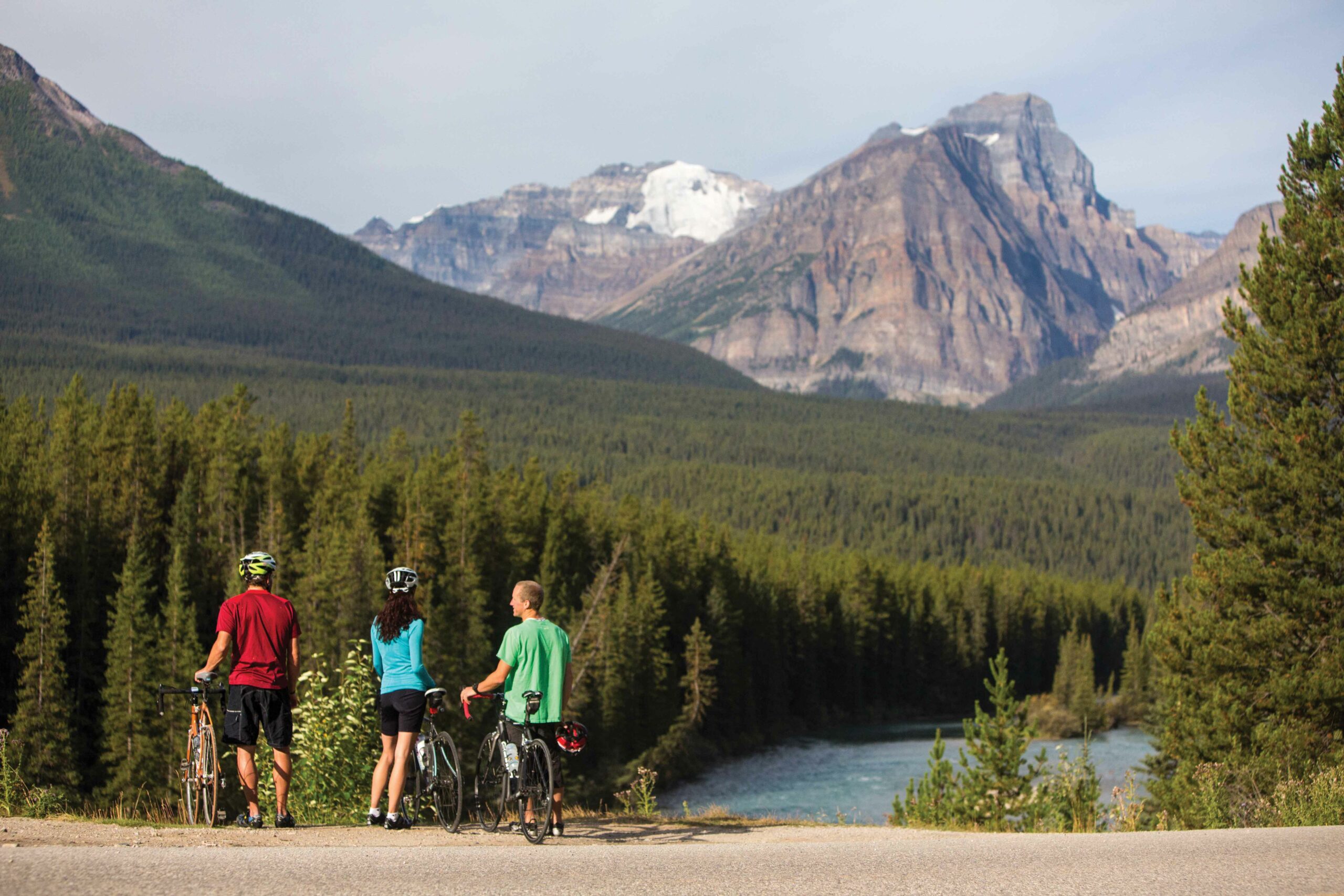 Bikers pose on the Bow Valley Parkway 