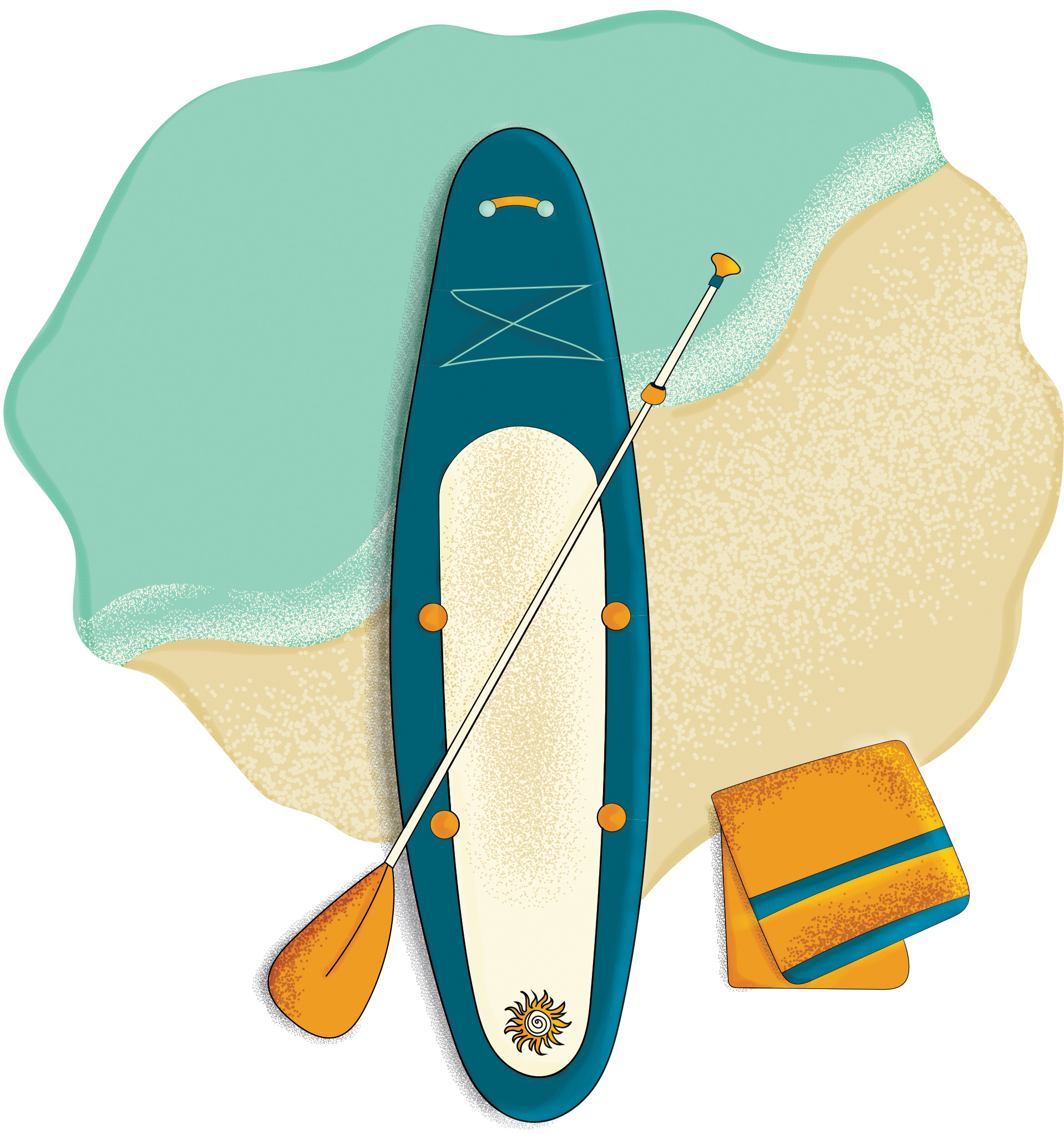 An illustration of a stand up paddleboard on a beach with a paddle and a towel to represent rentals in the Canadian Rockies for summer. 