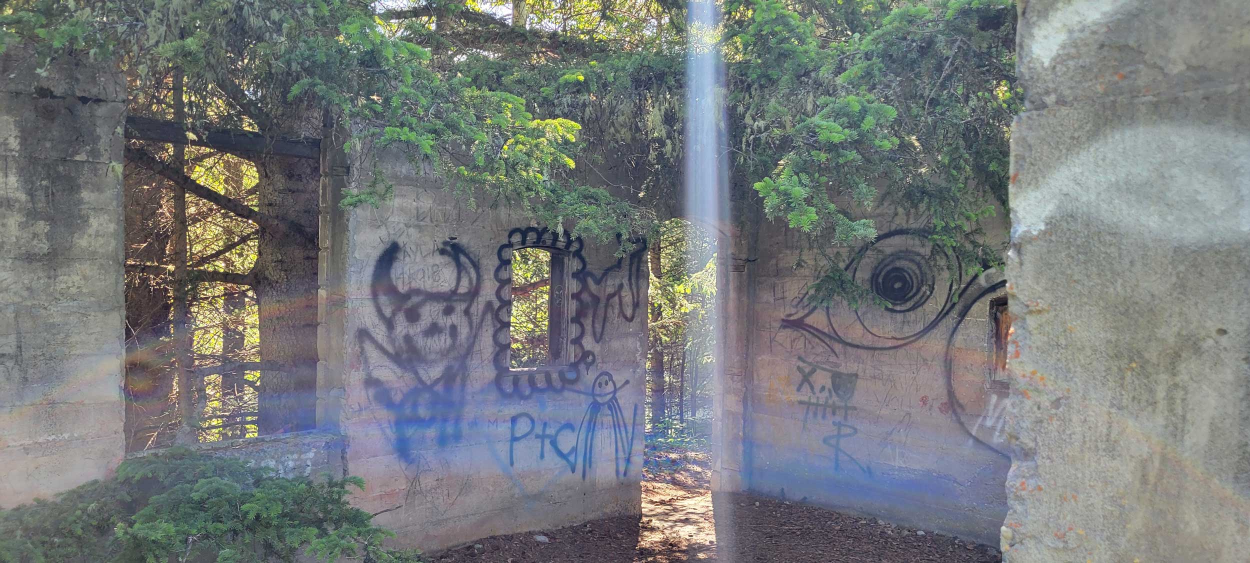 The inside of the lamp house at Lower Bankhead is filled with graffiti and trees, barely reminiscent of the importance it held during the mining era.