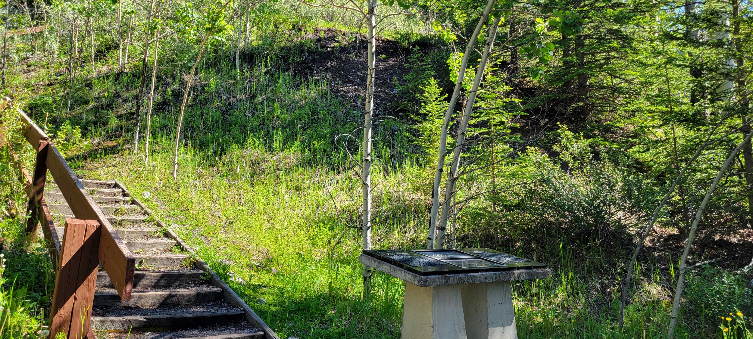 The entrance to the Lower Bankhead trail includes stairs and the long-since sealed entrance to one of the mine tunnels.