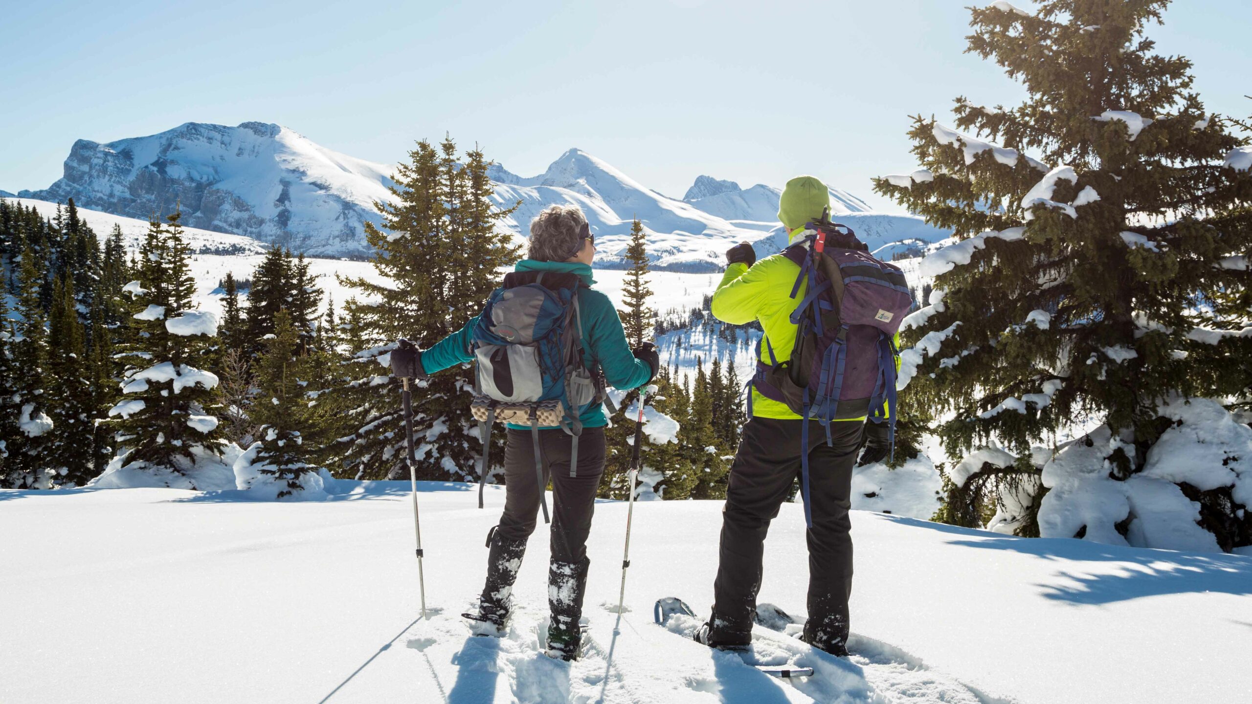 Two people overlook mountain views on a snowshoe adventure. This is one of our favourite winter activities.