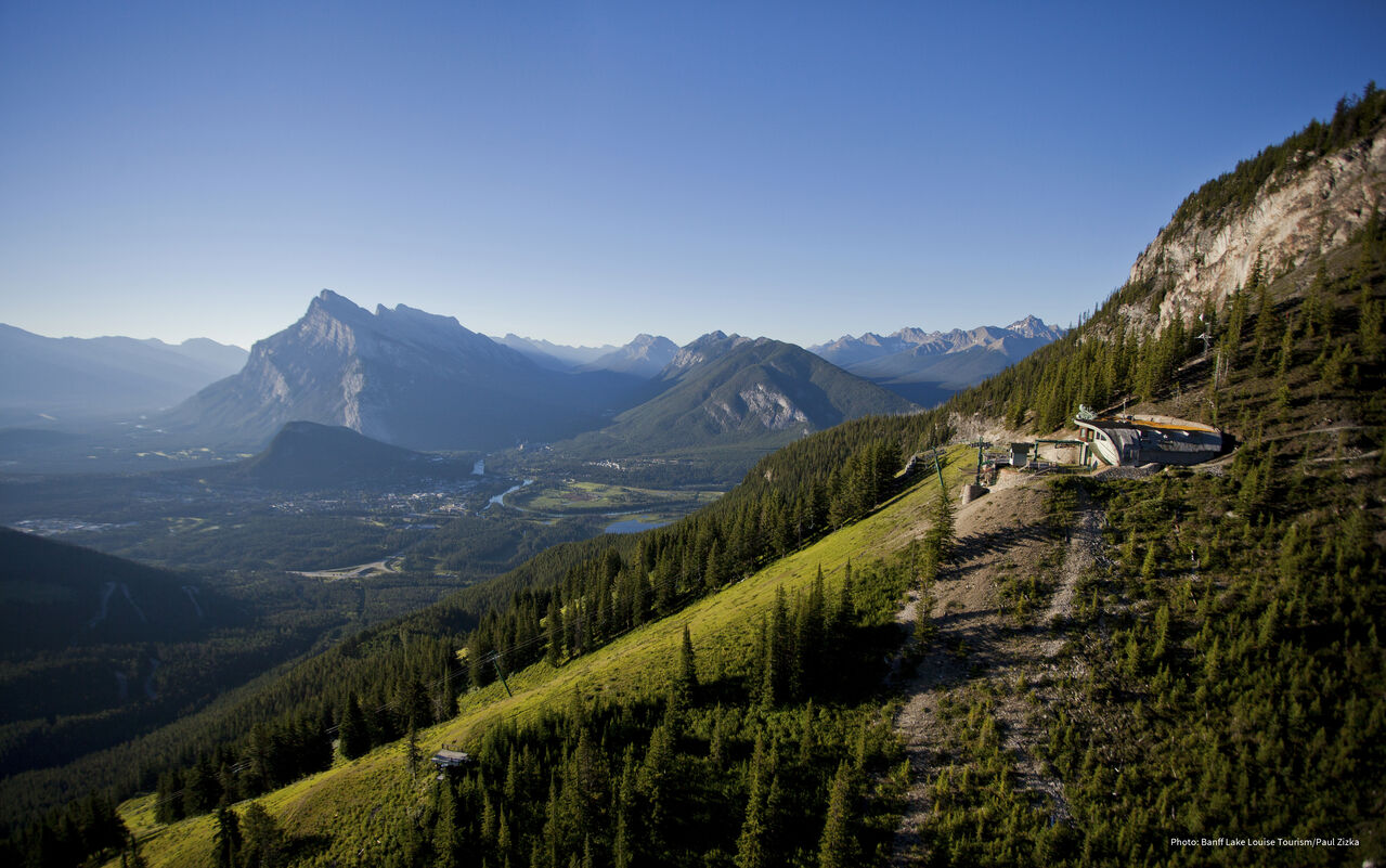 The view from the via ferrata at Mount Norquay encompasses Cliffhouse Bistro and the Chill Zone, accessible from the chairlift. 