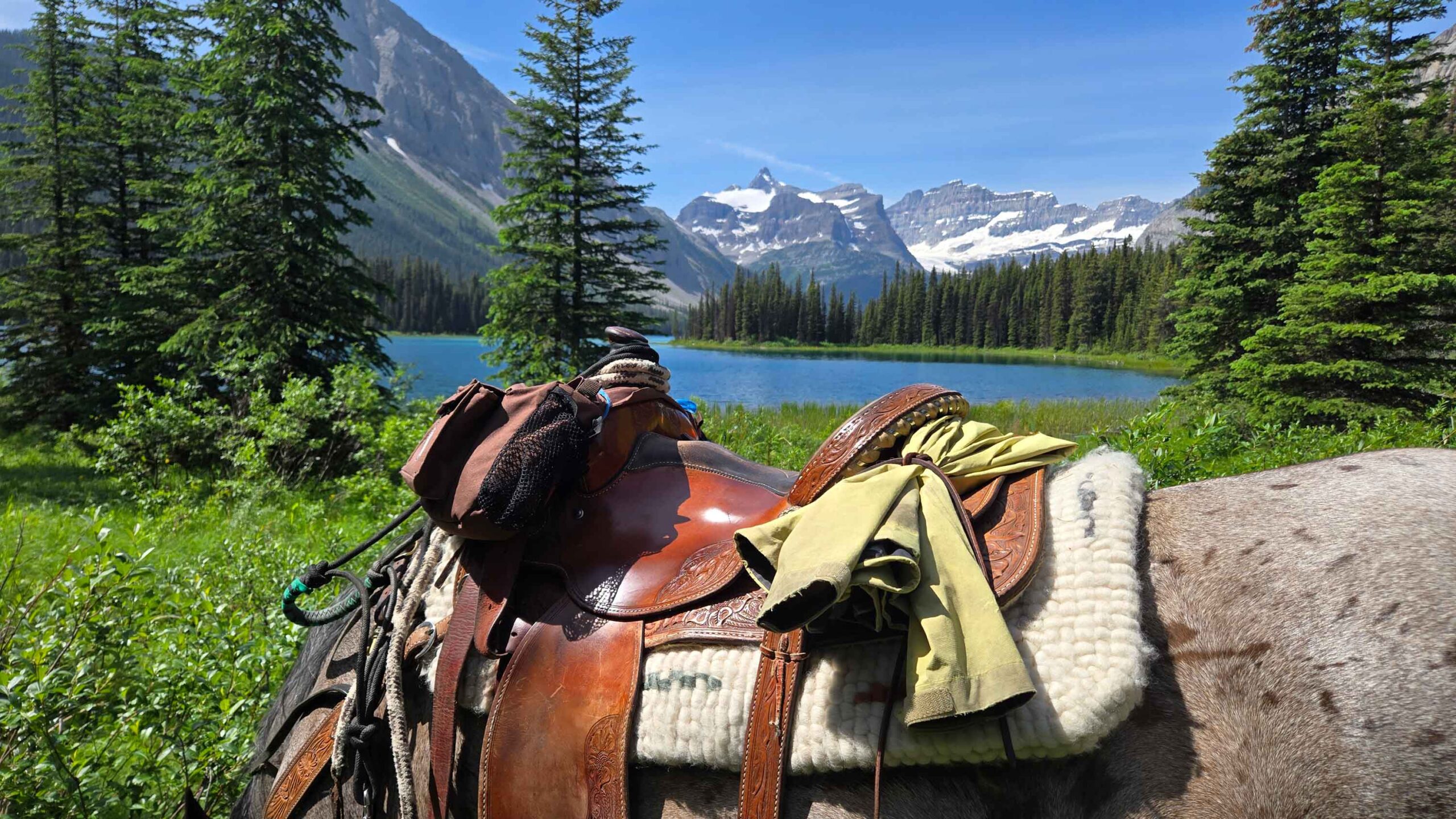 A view of a mountain lake behind a horse's back and a western saddle with saddle bags and a raincoat on it. Having proper-fitting tack is key to enjoying time riding in the mountains. 