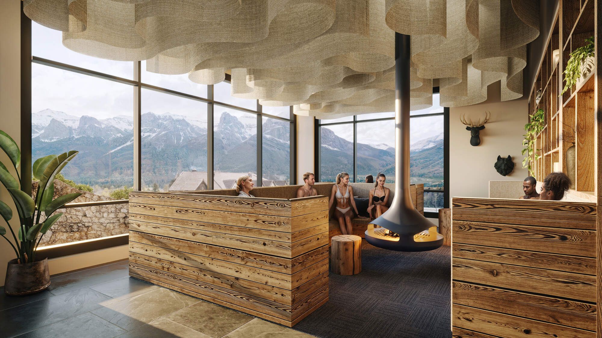 A rendering of Everwild Spa with mountain views