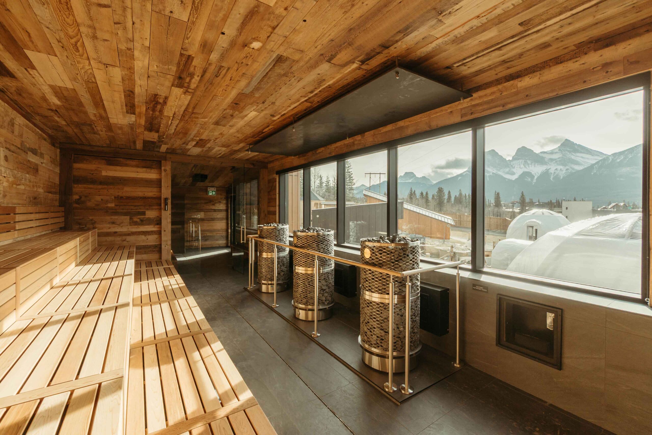 The Heat Lodge has fantastic mountain views at Everwild Spa in Canmore