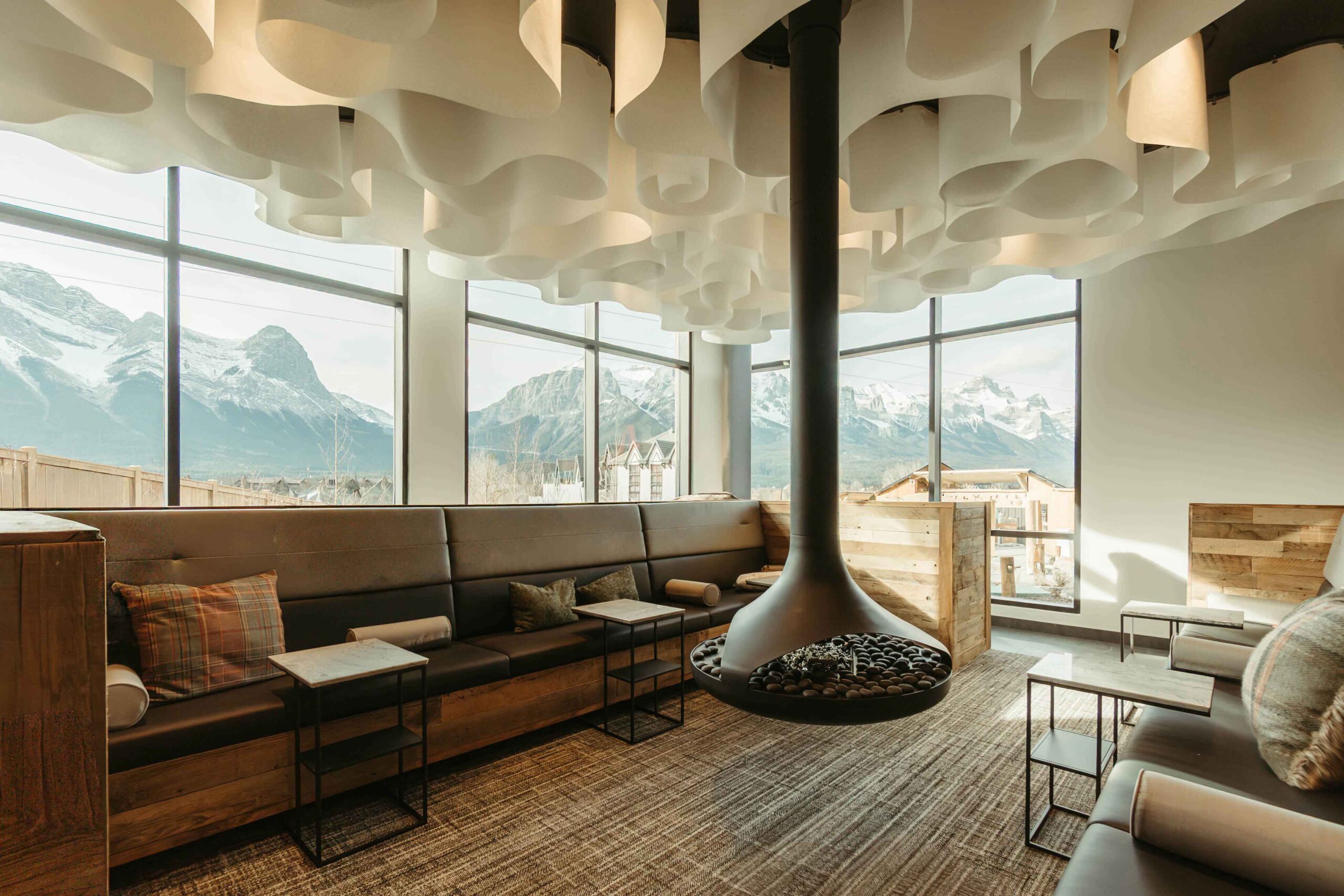 The Elements Lounge features unique finishings and a great fireplace at Everwild Spa in Canmore