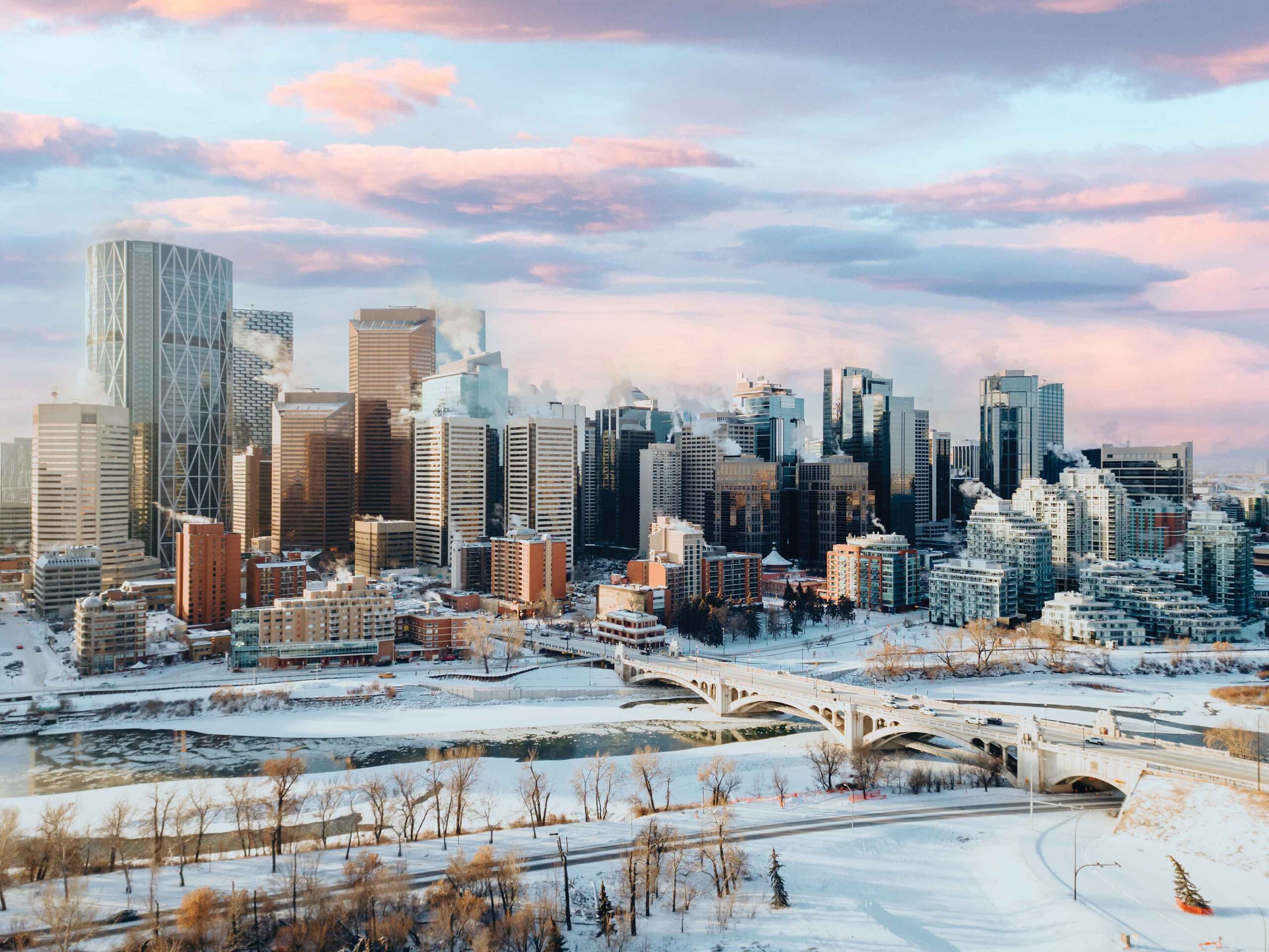 The Calgary skyline at sunset is beautiful to see. 