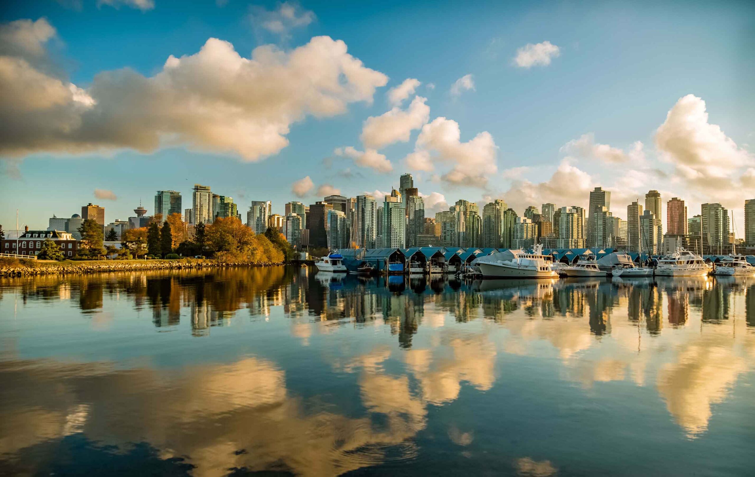 A view of the Vancouver city skyline from the water on an Alaskan cruise from Regent 7 Seas Cruises
